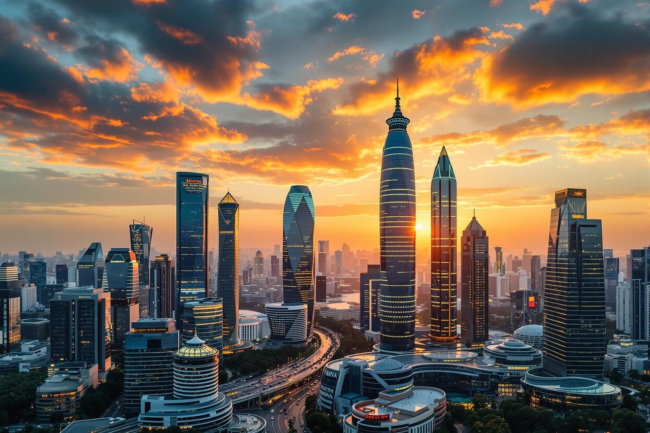 动漫电影总部所在北京CBD商务区城市天际线风景图